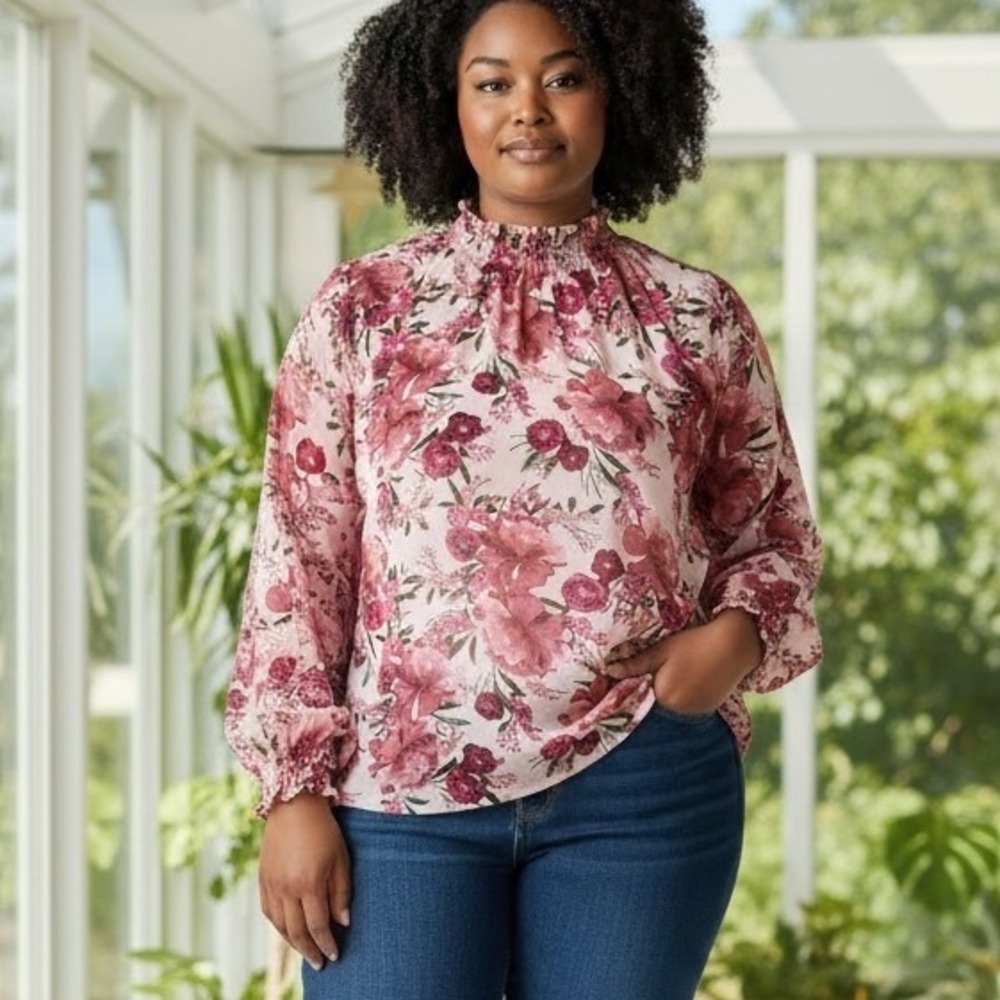 Torrid Floral Blouse Women 1 Pink Smocked Mock Neck Long Sleeve Georgette‎ Top